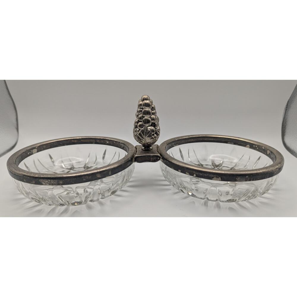 Vintage Cut Glass Double Relish Dish w/ Silver Plated Grape Handle - Candy Nuts